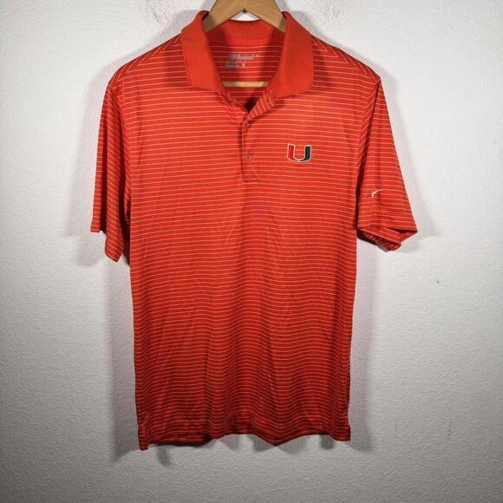 Nike Miami Hurricanes Mens Golf Polo Shirt Small‎ Orange Striped Dri Fit